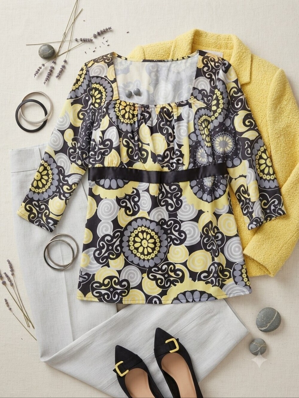 I.N. Studio Black Yellow Geometric Print Silky Babydoll Blouse Top